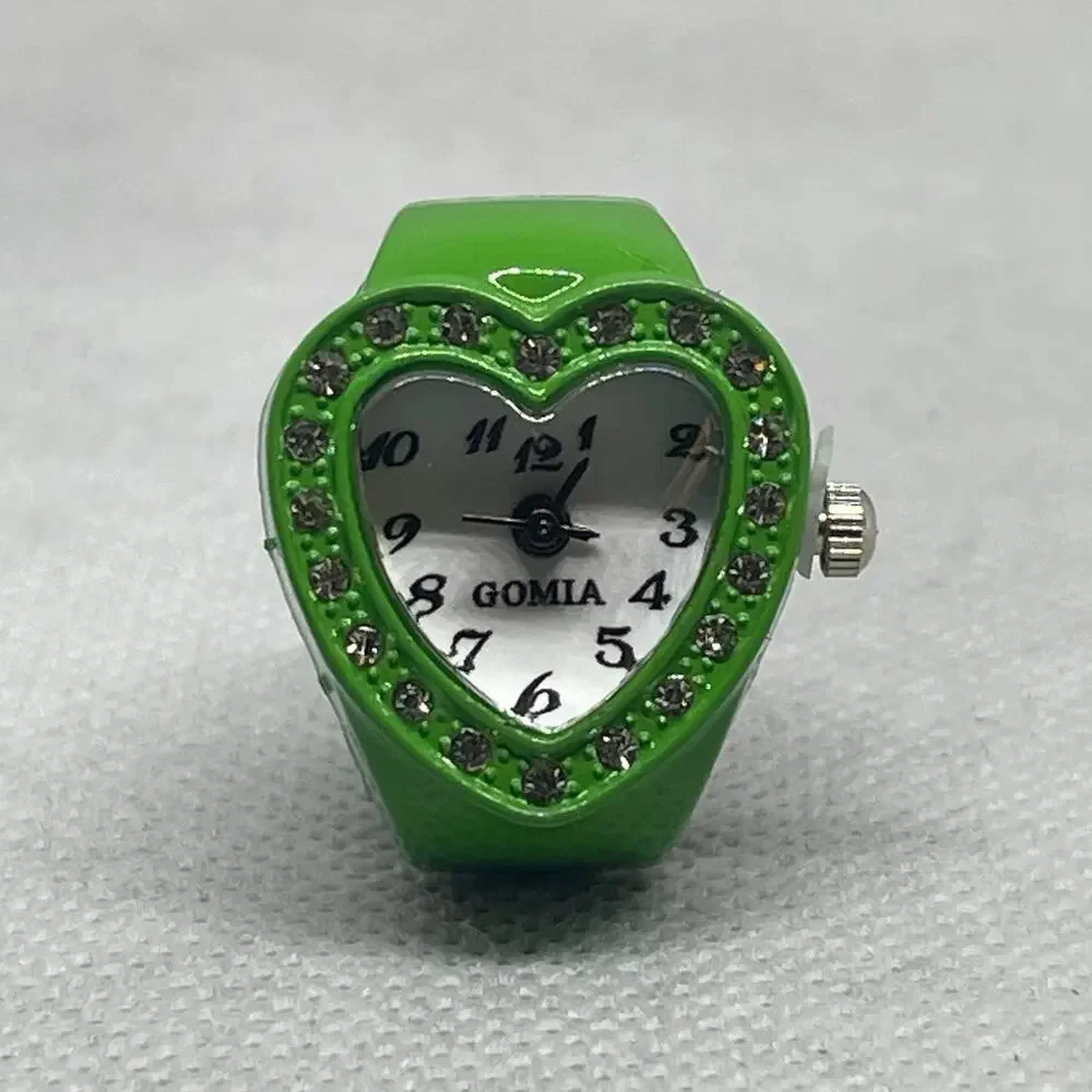 Retro Green Enameled Stainless Steel Stretch Band Ring Watch With Rhinestones